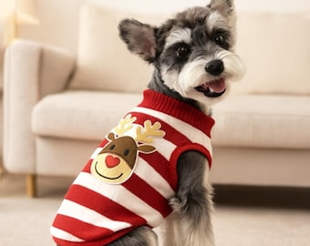 Handmade Christmas Pet Sweater for Small Dogs & Cats – Reindeer Knit Jumper, Winter Warm Striped Pet Clothes, Holiday Dog Outfit