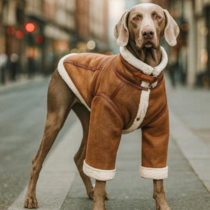 May include: A Weimaraner dog wearing a brown suede jacket with a cream-coloured faux fur collar and cuffs. The dog is standing on a paved street with a blurred background of buildings.