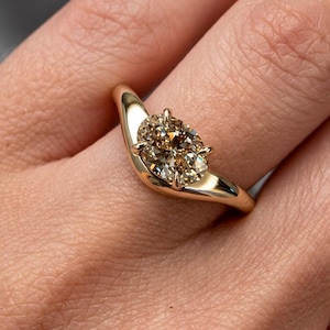 1.5CT East West Champagne Oval Moissanite Solitaire Engagement Ring Minimalist Statement Ring Yellow Gold Wave Band Bypass Proposal Ring Her