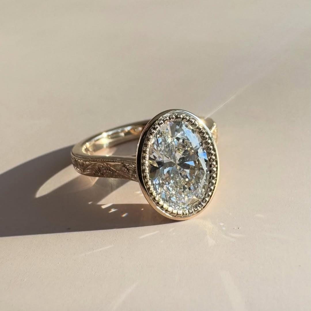 2CT Vintage Oval Cut Moissanite Engagement Ring Milgrain Bezel Set ...
