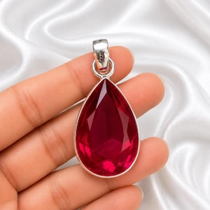 Natural Ruby Teardrop Handmade 925 Sterling Silver Pendant - Natural Red Gemstone Jewelry, Gift for Women