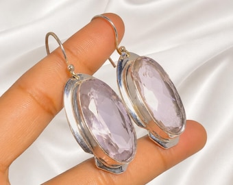 Natural Rose Quarts Gemstone Elegant Dangle Earring - Handmade Drop Earrings in Sterling Silver, Oval Cut Clear Gemstone Earrings for Women