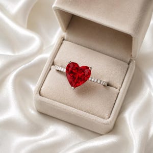 Puede incluir: Un anillo de tono plateado con una gran piedra preciosa roja facetada en forma de corazón como pieza central, con una banda acentuada por una hilera de pequeñas piedras claras de corte redondo engastadas a lo largo del aro, dentro de un joyero de terciopelo beige.