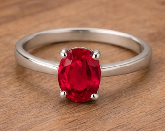 Oval Ruby Gemstone Statement Ring - With 925 Sterling Silver Minimalist Handmade Engagement Ring, Gift for Her