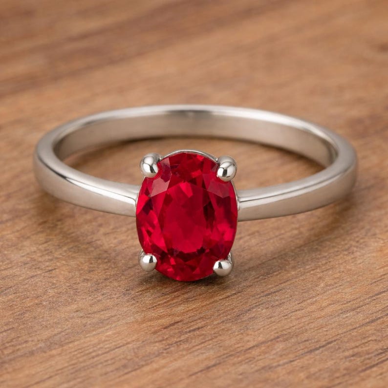 May include: A silver ring with a large, oval-cut, bright red gemstone. The gemstone is held in place by four prongs. The ring is set against a wooden background.
