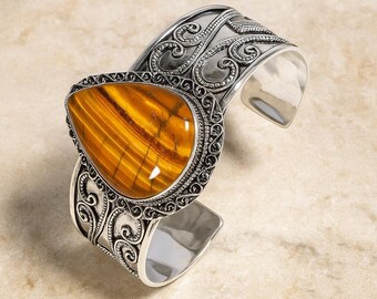 Tiger Eye Stone Bangle: 925 Sterling Silver Plated, Handmade
