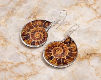 Brown Ammonite Fossil Earrings - Natural Spiral Stone Jewelry, Handmade Silver Tone Dangle Earrings, Unique Gift for Her.