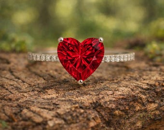 Anillo de rubí rojo en forma de corazón - Anillo de compromiso de plata de ley 925 - Regalo romántico para ella - Joyería de compromiso