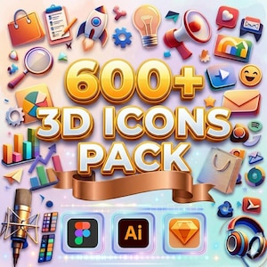 Könnte beinhalten: Eine lebendige Grafik mit einer Sammlung von 3D-Symbolen. Der zentrale Text lautet "600+ 3D ICONS PACK" in Gold und Weiß. Verschiedene Symbole wie eine Einkaufstasche, eine Rakete, eine Glühbirne und Social-Media-Symbole sind verstreut.