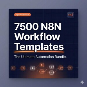 May include: A digital download graphic with the text "7500 N8N Workflow Templates" in white, with an orange underline. The text "The Ultimate Automation Bundle" is below. The background is dark blue with a grid pattern and orange accents.