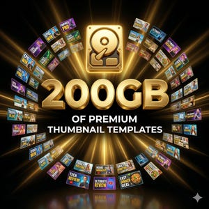 Puede incluir: Un gráfico dorado de disco duro con el texto "200GB OF PREMIUM THUMBNAIL TEMPLATES" está rodeado de ejemplos de miniaturas. Las miniaturas presentan varios temas, incluyendo viajes, juegos y secretos del mercado de valores, sobre un fondo negro.