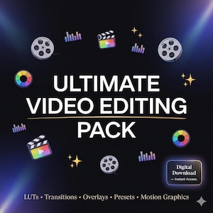 May include: A promotional image for a video editing pack, featuring the text "ULTIMATE VIDEO EDITING PACK". The design incorporates film reels, clapperboards, colour wheels, and graphic elements. The bottom text reads "LUTS, Transitions, Overlays, Presets, Motion Graphics".