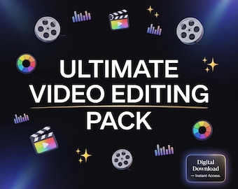 May include: An image promoting a video editing pack. The text "ULTIMATE VIDEO EDITING PACK" is prominently displayed. The image includes film reels, clapperboards, color wheels, and graphic elements, with the words "LUTS, Transitions, Overlays, Presets, Motion Graphics" at the bottom.