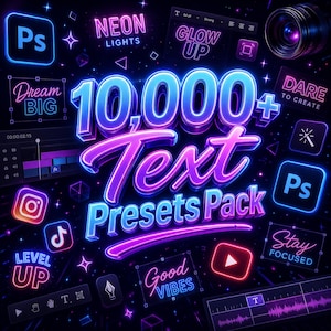 Pacchetto di oltre 10.000 preset di testo, sovrapposizioni per foto e video, modelli per social media, effetti per Photoshop, CapCut e Premiere, download digitale per creatori.