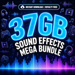 May include: A digital graphic featuring the text 37GB SOUND EFFECTS MEGA BUNDLE in bright blue neon lettering. The background is dark with purple and blue audio waveforms, headphones, speakers, game controllers, and musical note icons.