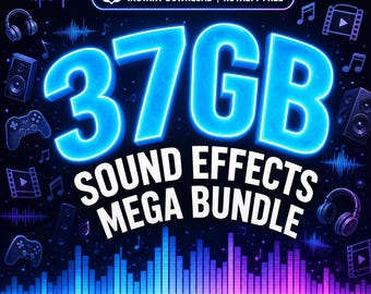 May include: A digital graphic featuring the text 37GB SOUND EFFECTS MEGA BUNDLE in bright blue neon lettering. The background is dark with purple and blue audio waveforms, headphones, speakers, game controllers, and musical note icons.