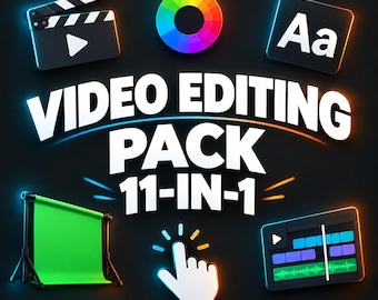 May include: A digital graphic featuring the text VIDEO EDITING PACK 11-IN-1 in white bold letters. Surrounding the text are icons including a black film clapperboard, a multicolored circular color wheel, an Aa text icon, a green screen, and a cursor.