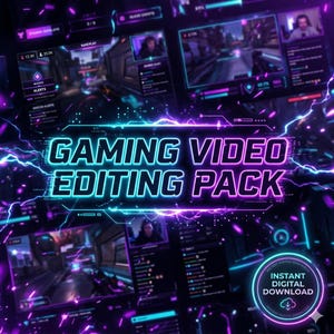 May include: A digital graphic with a neon blue and purple design. The text "GAMING VIDEO EDITING PACK" is prominently displayed. The image includes various gaming interface elements and the words "Instant Digital Download".