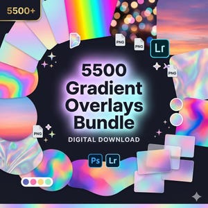 Peut inclure: Visuel numérique pour un lot de plus de 5500 superpositions de dégradés. Le design présente divers arrière-plans abstraits colorés avec le texte "5500 Gradient Overlays Bundle DIGITAL DOWNLOAD" sur fond sombre.