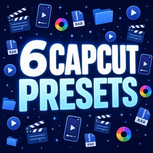 Könnte beinhalten: Eine dunkelblaue Grafik mit dem weißen Text 6 CAPCUT PRESETS in der Mitte. Der Hintergrund ist mit verschiedenen blauen Symbolen verziert, darunter Filmklappen, Smartphones, Ordner, RAR-Archivdateien und bunte kreisförmige Farbräder.