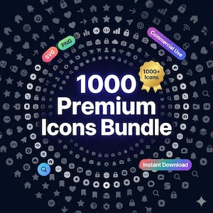 May include: A dark blue graphic with a circular pattern of white icons. The central text reads "1000 Premium Icons Bundle." Additional text includes "SVG," "PNG," "Commercial Use," and "Instant Download." A gold badge displays "1000+ Icons."