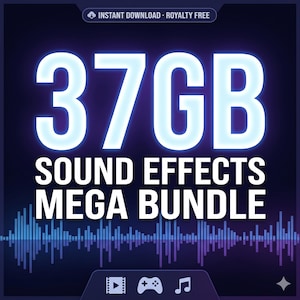 May include: A digital graphic with the text "37GB SOUND EFFECTS MEGA BUNDLE" in white, outlined in blue, on a dark blue background. The image includes a sound wave graphic and icons for video, gaming, and music.