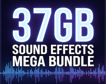 May include: A digital graphic with the text "37GB SOUND EFFECTS MEGA BUNDLE" in white, outlined in blue, on a dark blue background. The image includes a sound wave graphic and icons for video, gaming, and music.
