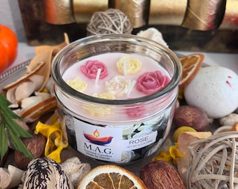 Rose Scented Soy Wax Candle with Wax Roses - Handmade Floral Gift