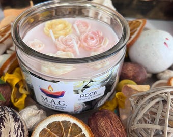 Handmade Rose Scented Soy Wax Candle: Floral Décor with Wax Roses