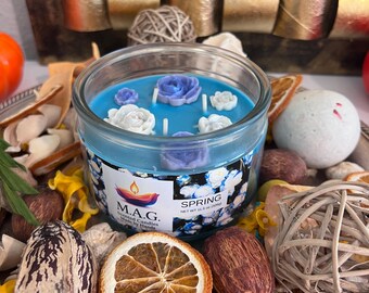 Handmade Spring Floral Soy Candle: Blue Wax Roses, Fresh Scent