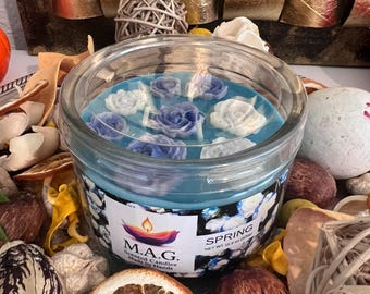 Handmade Soy Wax Candle: Blue Floral Roses, Spring Scent (11.5 oz)
