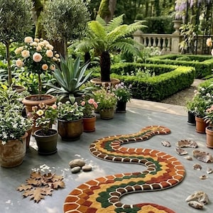 May include: A snake-shaped rug featuring a repeating hexagonal pattern in shades of rust, mustard yellow, dark green, and brown. The rug has a defined head with a visible eye and a dark tongue, laid out on a grey patio surface near potted plants.
