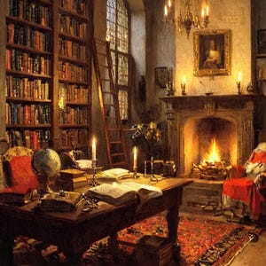May include: An antique library scene with towering bookshelves filled with books. A wooden ladder leans against the shelves. A desk with books, a globe, and candles sits in front of a fireplace with a burning fire. A red rug and chair complete the cozy setting.