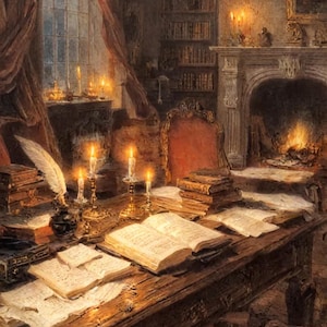 Può includere: Una scena d'interni in stile antico con una scrivania in legno, libri e candele accese. Un camino con fuoco acceso sullo sfondo. La stanza è scarsamente illuminata, creando un'atmosfera calda. Una penna d'oca e un calamaio sono sulla scrivania.