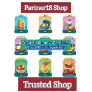 May include: A digital collection of nine square stickers featuring cafe ingredients like flour, eggs, dairy, cheese, veggies, fruits, nuts, honey, and spices. The central text reads: Your Choice any 10 stickers Of set 11 cafe ingredients.