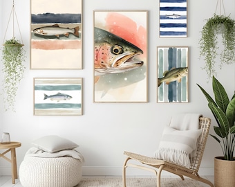Cabaña de pesca en el lago, arte digital para pared, descarga de acuarela náutica, impresión de peces para decoración de playa, ilustración retro de pez lubina.