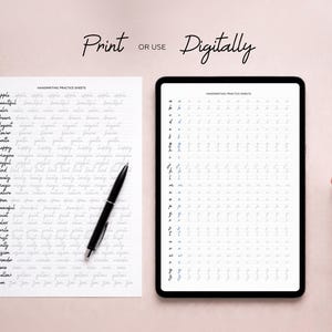 May include: A handwriting practice sheet with words and a black pen next to a tablet displaying letter formation guides. The text "Print or Use Digitally" is at the top. The sheet includes words like "apple" and "beautiful".