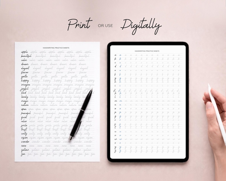 May include: A handwriting practice sheet with words and a black pen next to a tablet displaying letter formation guides. The text "Print or Use Digitally" is at the top. The sheet includes words like "apple" and "beautiful".