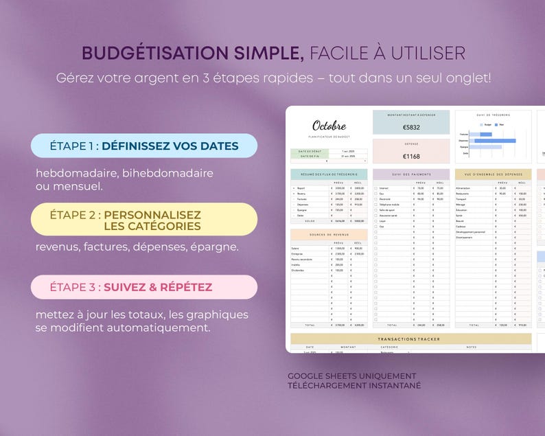May include: A digital financial planning template with a purple and white background. The image includes text in French, outlining a 3-step process for managing finances. A spreadsheet with financial data is also visible.
