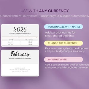 May include: Digital budget planner dashboard with the year 2026 displayed. Features include currency selection, partner name personalization, and monthly note sections. The text reads "Use with any currency" and "Choose from 75+ currencies".