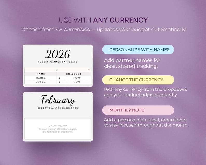 May include: Digital budget planner dashboard with the year 2026 displayed. Features include currency selection, partner name personalization, and monthly note sections. The text reads "Use with any currency" and "Choose from 75+ currencies".