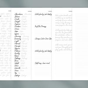 May include: A white notebook with handwriting practice pages. The left side features lists of words like "apple," "beautiful," and "dream." The right side includes phrases such as "Write slowly, feel deeply" and "Trust the Process."