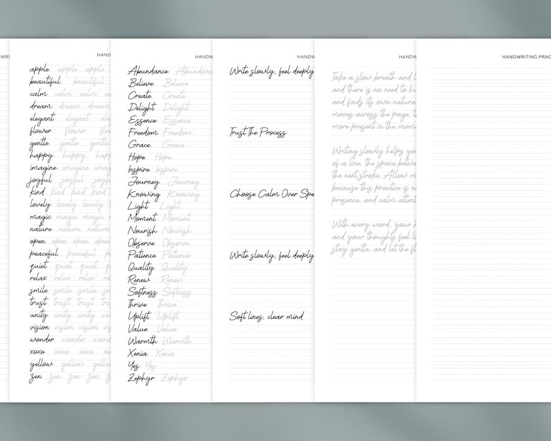 May include: A white notebook with handwriting practice pages. The left side features lists of words like "apple," "beautiful," and "dream." The right side includes phrases such as "Write slowly, feel deeply" and "Trust the Process."
