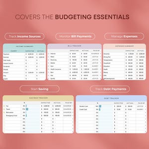 May include: A digital budgeting template with sections for income, bills, expenses, savings, and debt. The template includes the text "COVERS THE BUDGETING ESSENTIALS" and is displayed on a pink background. The template is designed to help track finances.