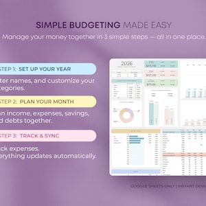 May include: A digital budgeting template with a purple background. The text reads "SIMPLE BUDGETING MADE EASY" and outlines a 3-step process: Set Up Your Year, Plan Your Month, and Track & Sync. A spreadsheet with financial data is also visible.