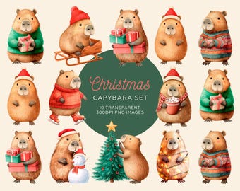 Schattige capibara PNG clipart bundel, capibara clipart, kerst capibara aquarel capibara kunst schattigheid capibara