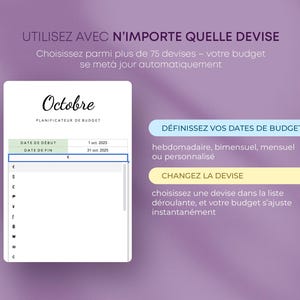 May include: A digital budget planner for October, with options to set start and end dates. The image includes text in French, offering currency selection and budget customization. The background is a gradient of purple.
