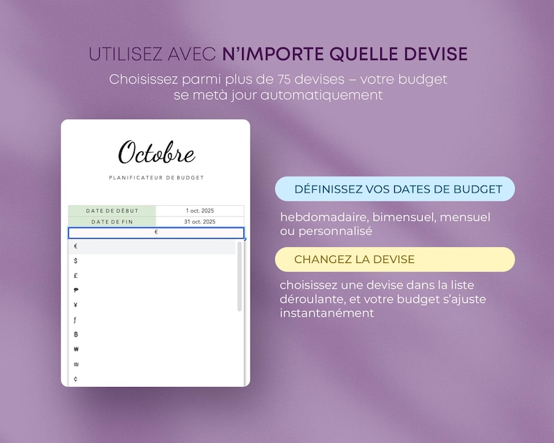 May include: A digital budget planner for October, with options to set start and end dates. The image includes text in French, offering currency selection and budget customization. The background is a gradient of purple.