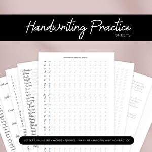 Puede incluir: Hojas de práctica de escritura a mano con el texto "Handwriting Practice Sheets" en una pancarta negra. Las hojas incluyen letras, números, palabras, citas y práctica de escritura consciente. Las hojas son blancas con tinta negra y azul.