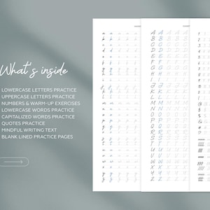 A calligraphy practice workbook and a list of practice exercises. The workbook pages display lowercase and uppercase letters, numbers, and quotes. The pages are lined for guided writing practice. tracing practice,handwriting, handwritting sheets, cursive letters